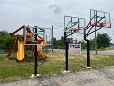 three Goalsetter basketball hoops in a row